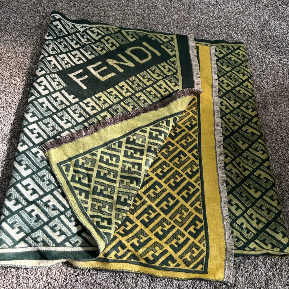 Fendi Green and Yellow Logo Scarf